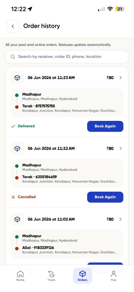 DeleMate order history showing completed deliveries