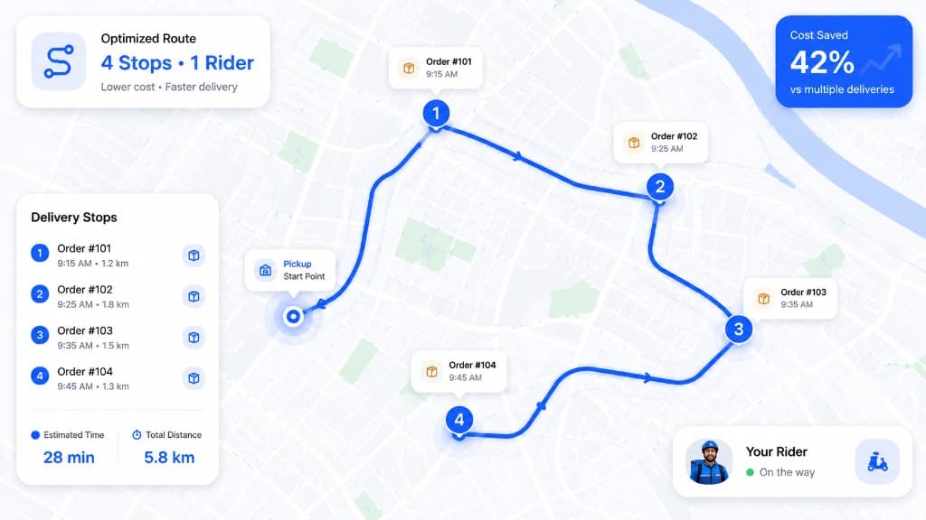 DeleMate optimized route showing four stops handled by one rider with 42% cost saved
